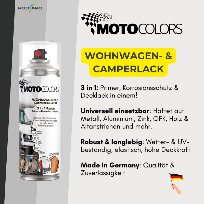 Laden Sie das Bild in Galerie -Viewer, MotoColors Wohnwagen- & Camperlack 3 in 1 Farbe Sprühfarbe 400ml - Primer, Rostschutz, Lack