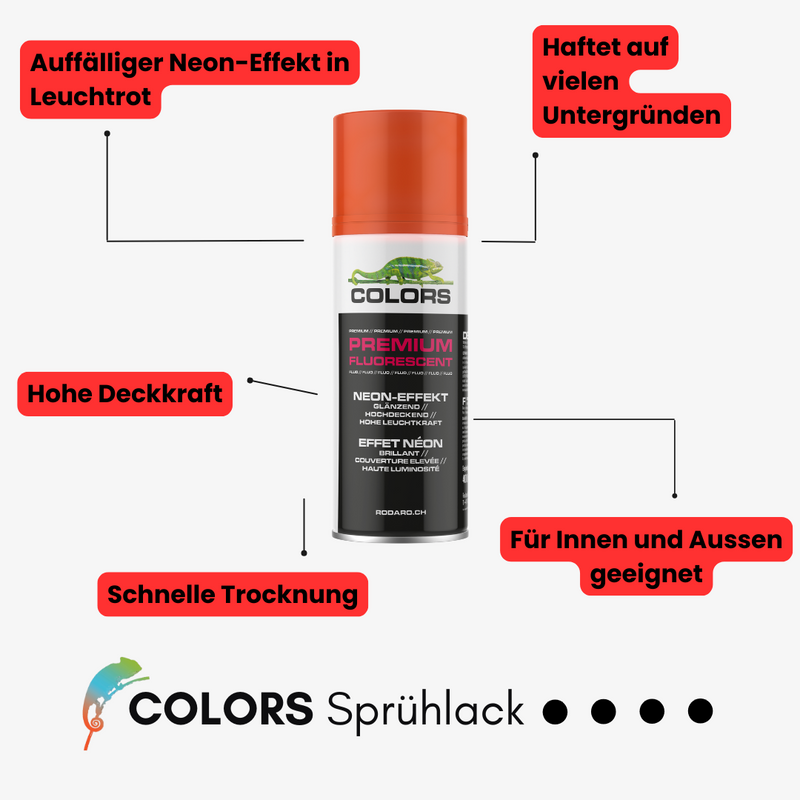 Laden Sie das Bild in Galerie -Viewer, COLORS Premium Fluorescent Sprühlack - 400ml Spraydose Neon-Effekt Leuchtrot Glanz