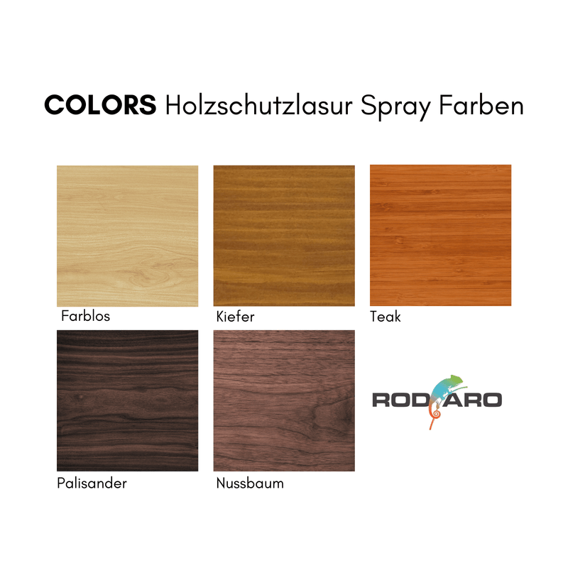 Laden Sie das Bild in Galerie -Viewer, COLORS Holzschutzlasur Spray - Farbenpalette mit verschiedenen Hölzern
