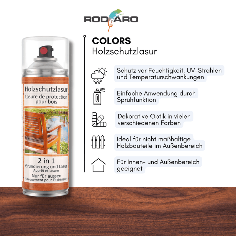 Laden Sie das Bild in Galerie -Viewer, COLORS Holzschutzlasur Spray - Eigenschaften mit Vorteilspunkten