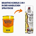 Brantho-Korrux 3 in 1 im Farbeimer und als All-in-One Spraydose nebeneinander