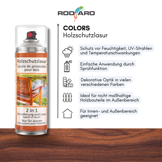 COLORS Holzschutzlasur Spray - 400ml Spraydose - UV und wetterfest, für Aussenbereich mit Schutz vor Feuchtigkeit