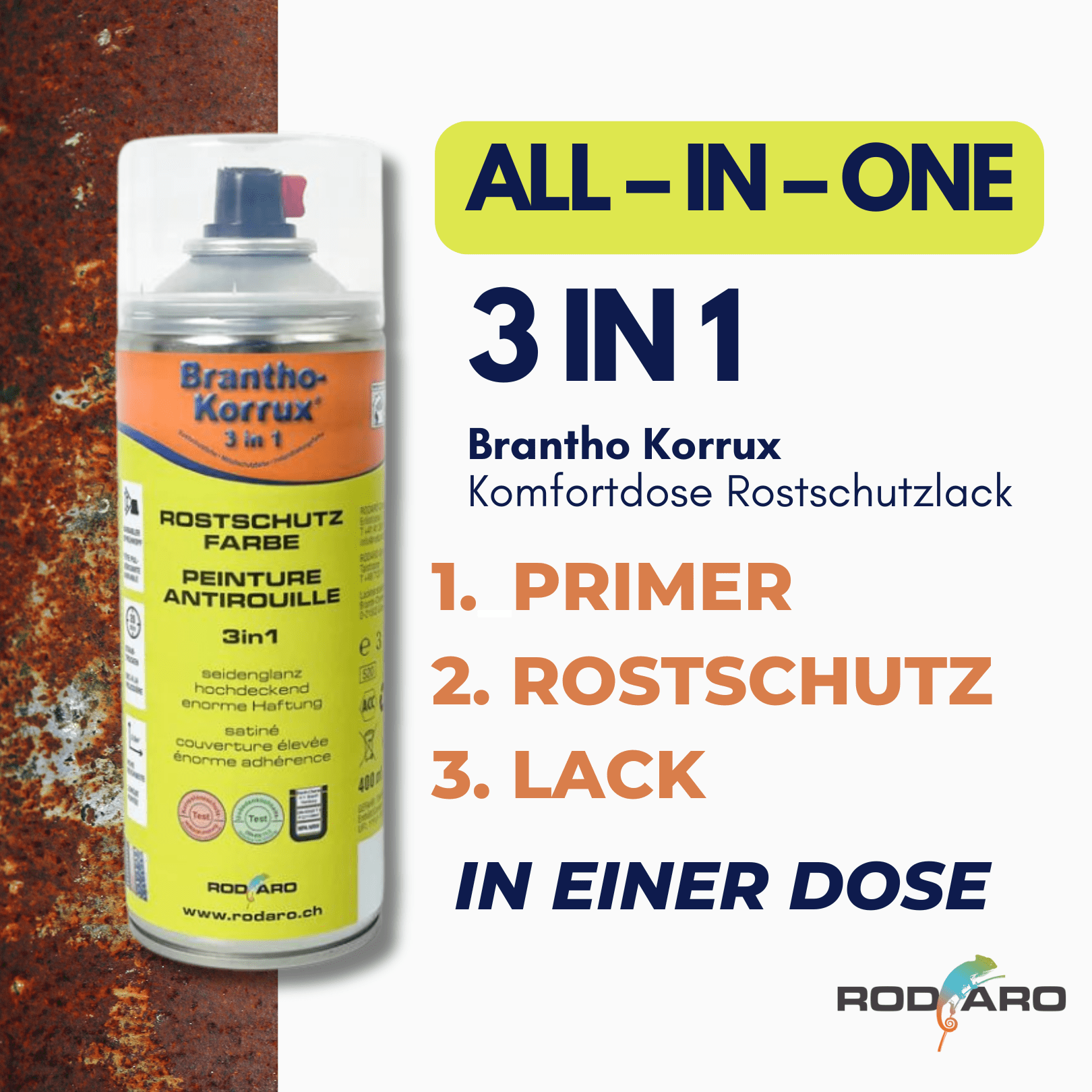 Brantho Korrux 3 in 1 Rostschutzlack - All - in - One Sprühdose Primer, Rostschutz und Lack - Vorteile in Stichpunkten