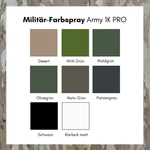 Farbkarte Militär-Farbspray Army 1K PRO mit acht Farbtönen von Desert bis Klarlack matt
