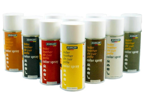 Mehrere Stanger Leder-Colorspray Spraydosen in verschiedenen Farben mit weissen Kappen